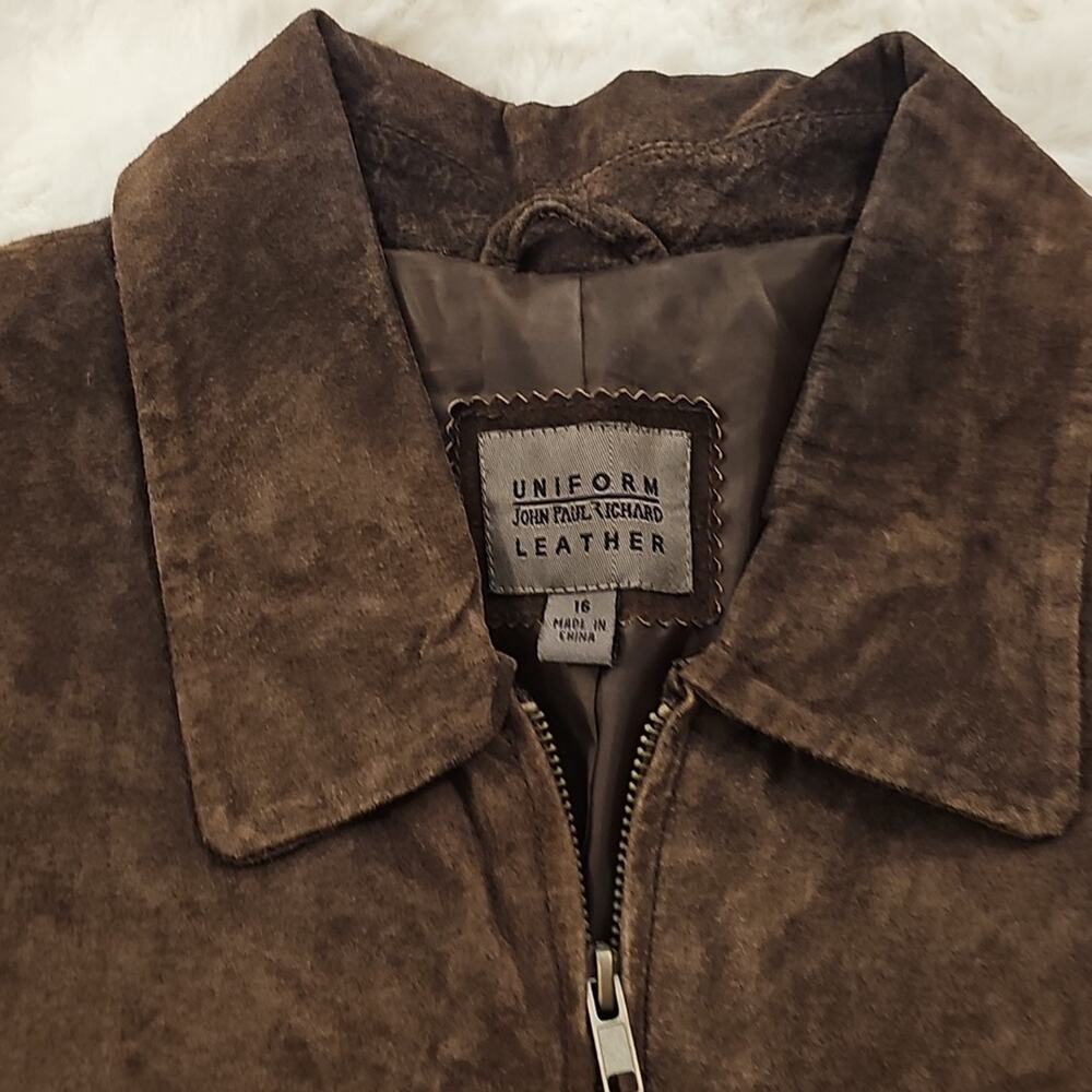 90s Uniform John Paul Richard Dark Brown Leather Suede Jacket Coat Womens 16 EUC